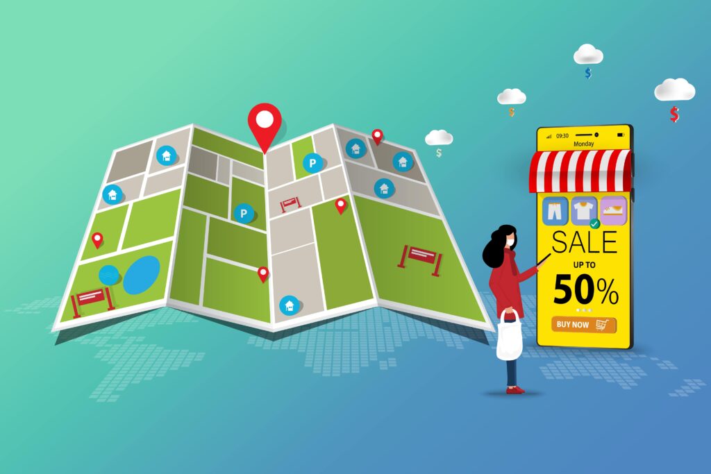 Image illustrating the concept of local SEO - a user conducting a location-based search on their mobile device, identifying nearby businesses on a map, and subsequently visiting a local store.