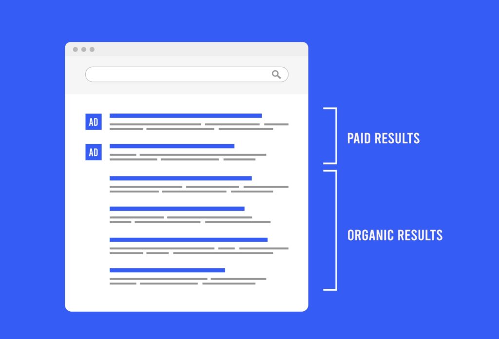 An illustrative diagram showing Google search results with markings, clearly differentiating between paid advertisements and organic SEO results to depict the concept of Organic SEO.