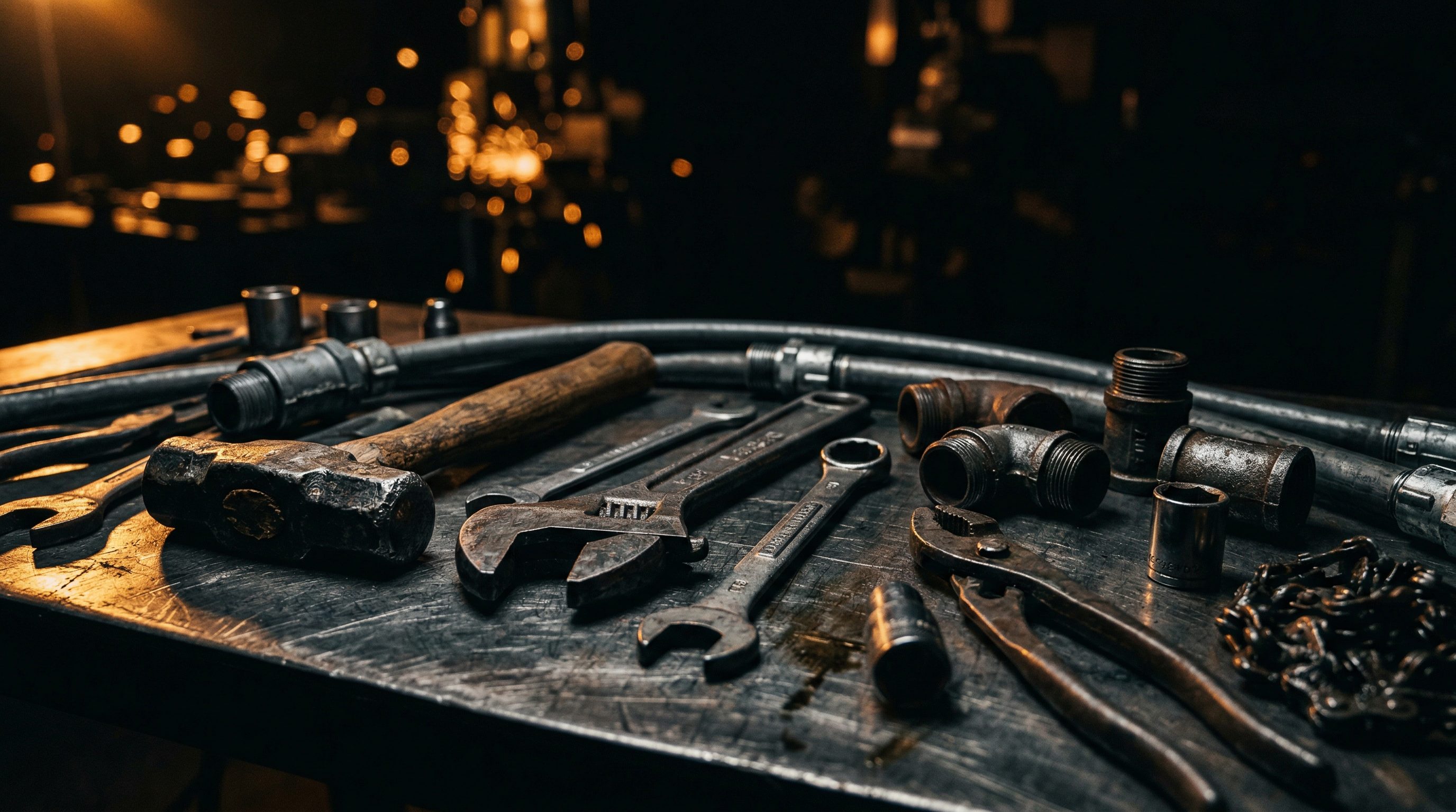 Industrial tools on dark workbench
